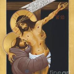 Bill McNichol's icon of Christ with Karposi Sacoma based on Murillo's picture of St. Francis embracing the crucified Christ . Source: frbillmcnicholas-sacrediimages.com