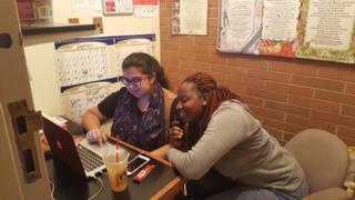 Moreen and Zunaira, another Campus Ministry team member in their Campion College office. Source: Sarah Hanna