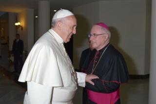 Greeting Pope Francis following Mass in Rome, October 3, 2014. (Source: Osservatore Romano - with permission)