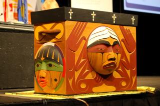 Carved by Coast Salish artist Luke Marston, the TRC Brentwood Box reflects the strength and resilience of residential school survivors and their descendants, and honours those who are no longer living. Source: news.umanitoba.ca