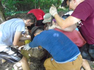Some of the work was hard physical labour such as moving this heavy boulder.